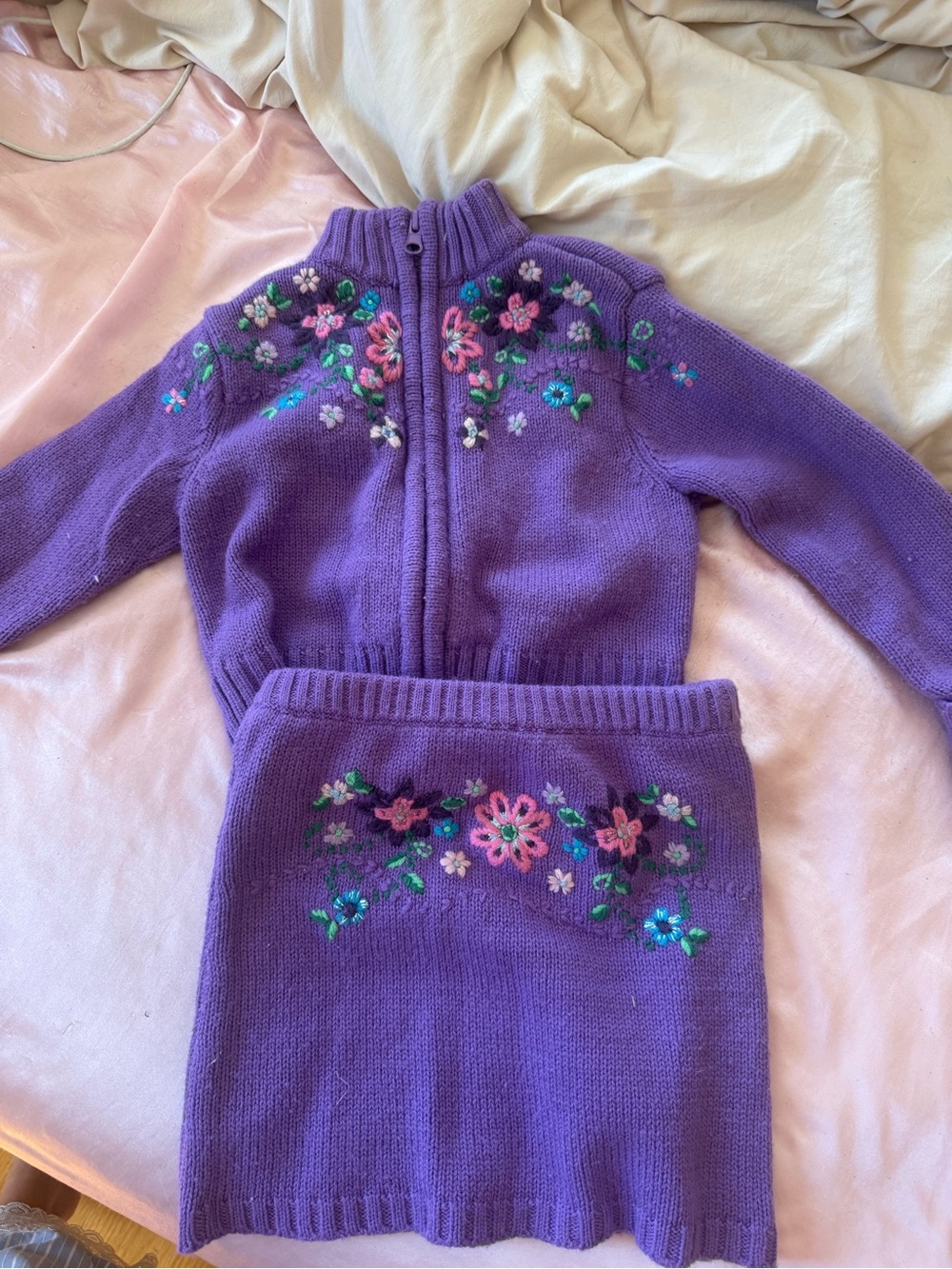 The Children's Place Purple Floral Knit Cardigan & Skirt Set